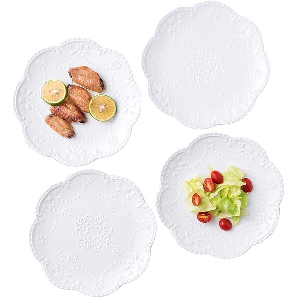 Eplze YBK Tech Elegant Round Embossed Lace Plates, Porcelain Dessert Plates for Breakfast Afternoon Tea, Set of 4 (6 Inch)