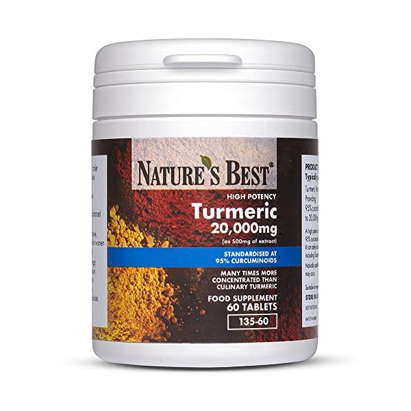 Turmeric 20,000mg (as 500mg of Extract) | High Strength 95% Curcumins | 60 Vegan Tablets; 2 month's Supply | UK Made | One of The UKs Strongest and purest Turmeric Tablets
