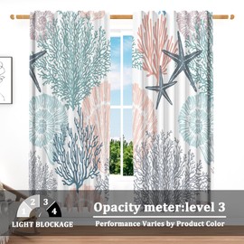 Renaiss 26 x 63 Inch Summer Coastal Coral Blackout Curtains Starfish Seashell Vintage Undersea Ocean Beach Conch Privacy Back Tab Curtain for Ocean Theme Room Restaurant Cafe Linen Texture 2 Panels