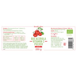 Organic Acerola Vitamin C Powder - 250 g - 1000 mg per Measuring Spoon - From France - Vegan - Laboratory Tested - High Dose