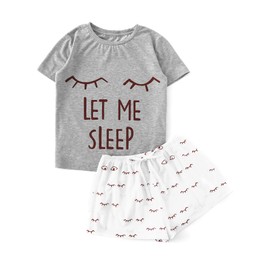 WDIRARA Women's Sleepwear Closed Eyes Print Tee and Shorts Pajama Set Grey S