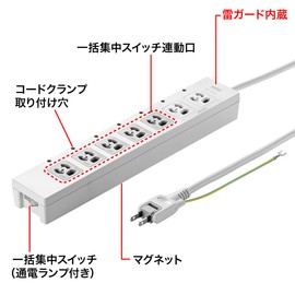 Sanwa Supply TAP-F37-2CLK Power Strip with 5 Interlocking Concentrated Switch + Lightning Guard 3P 7 Outlet 6.6 ft (2 m)