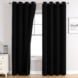 ChrisDowa 100% Blackout Curtains for Bedroom with Black Liner, 2 Thick Layers Total Blackout Thermal Insulated Grommet Long Window Curtains 2 Panels Set (Black, 52 x 95 Inch)
