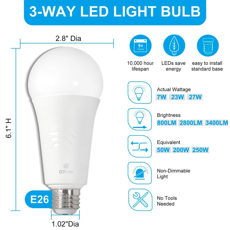 GT-Lite 6-Pack, 250W Equivalent LED 3-Way Light Bulbs, 2700K Soft