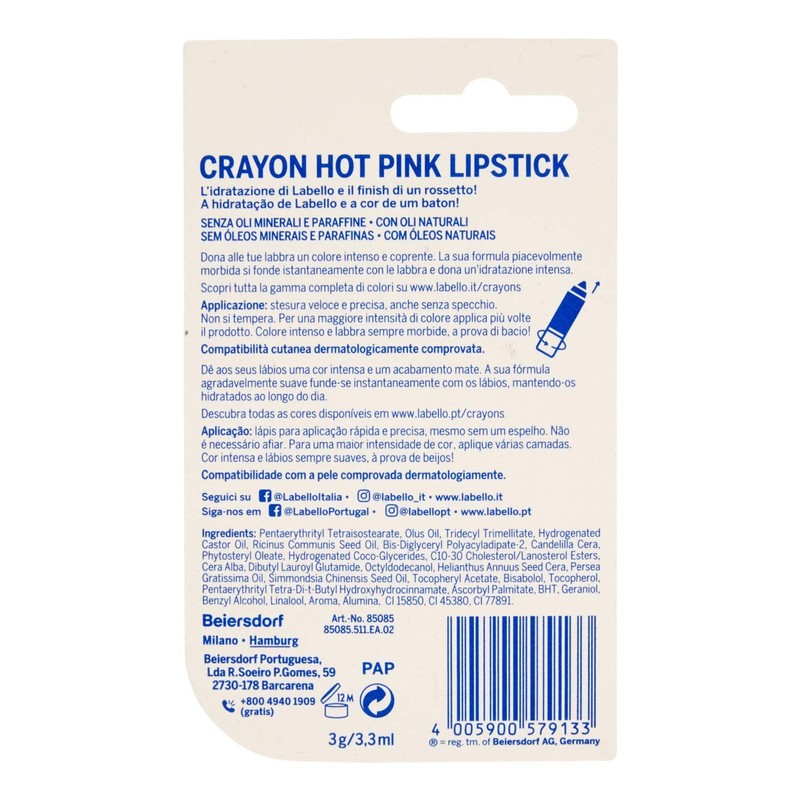 LABELLO Crayon Lip Balm Colour 02 Hot Pink Lipstick