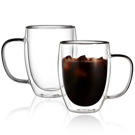 CNGLASS 12oz Double Walled Glass Coffee Mugs,Insulated Glass Mugs with Handle,Clear Espresso Cups for Latte,Cappuccino,Tea Bag,Set of 2