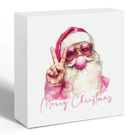 Funny Santa Wooden Box Sign, Pink Christmas Decor - 5x5 Inch Table & Home Decorative Signage