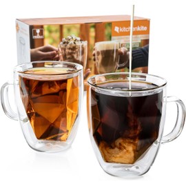 Double Walled Glass Coffee Mugs - Set of 2-12 oz Insulated Coffee Mugs - Geometric Modern Novelty Design Clear Glass Coffee Mugs ideal for Latte & Cappuccino