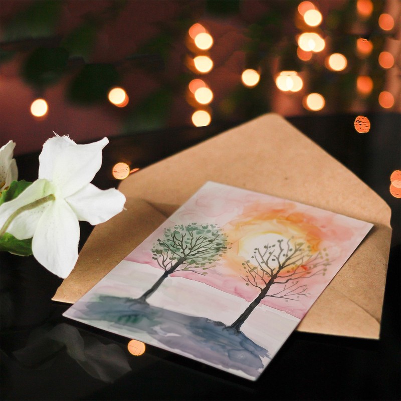 Artery8 Greeting Card Two Summer Trees in Pink Orange Sunset