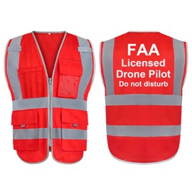 TOPTIE FAA Drone Pilot Vest High Visibility 9 Pockets Reflective Safety Vest for Undisturbed Drone Operator-Red-XL