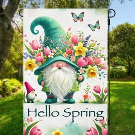 Hello Spring Gnome Garden Flag Double Sided 12x18 Inch Butterfly Floral Garden Yard Flags for Spring Summer Rustic Seasonal Outside Outdoor House Decoration Spring Farmhouse Holiday Seasonal Decors