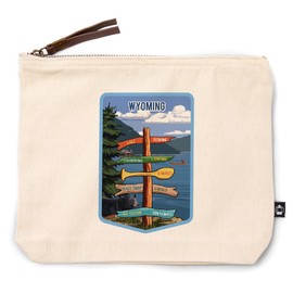 Wyoming, Signpost, Lake and Bear, 100% Cotton Zipper Pouch, Travel Accessory, Go Bag