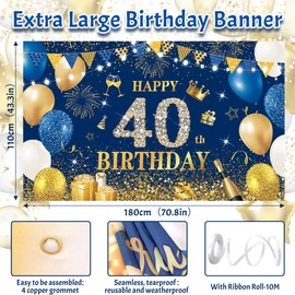 40th Birthday Backdrop Banner Blue Gold Birthday Photo Background, Happy 40th Blue Birthday Sign Poster Birthday Fabric Backdrop 70.8 X 43.3Inch For 40th Birthday Anniversary Wedding Party Decor