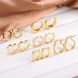 ALEXCRAFT Gold Hoop Earrings for Women, 9 Pairs Multipack Piercing Cartilage Small Gold Hoop Earrings Set, 14k Real Gold Plated Twist Square Heart Love Chunky Hoop Tiny Gold Huggie Hoop Earrings