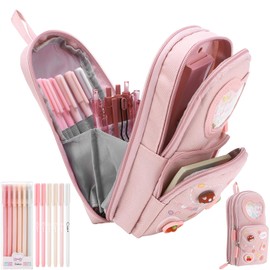 Aesthetic Pencil Case with Gel Pens Set, Large Capacity Pencil Case with Compartments Canvas Pen Pouch Organizer with Handle Cute Pen Bag for Teen Girls Women, Pink