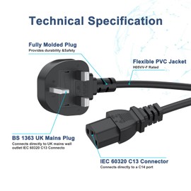 UK Computer Power Cable, 18AWG, BS 1363 to C13, 13A 250V, Black Replacement AC Power Cord, Kettle Lead/UK Power Cord, Power Supply Cable, TV/Monitor Power Cable (1.5m)