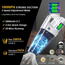 URAQT Handheld Vacuum Cordless, Portable 10000Pa Strong Suction Car Vacuum Cleaner Dust Busters, 2 Speed Wet Dry Vacuum with LED Light, Rechargeable Hand Held Vacuuming for Home, Office, Car (White)