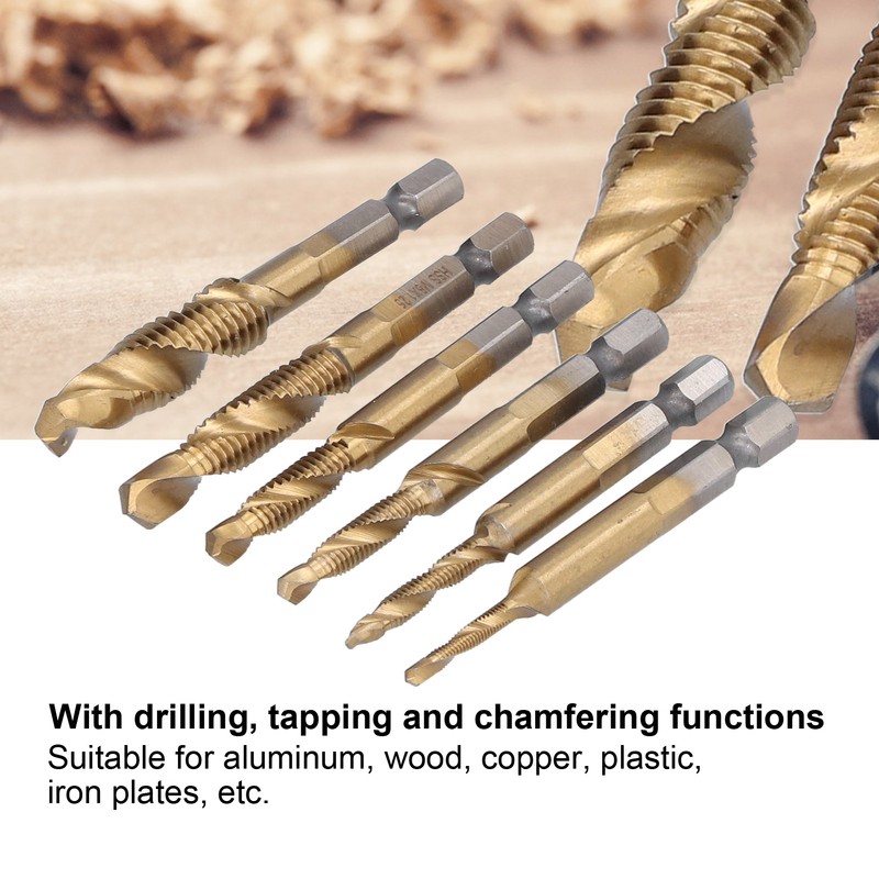 6Pcs Combination Drill Tap Bit 1/4in Hex Shank Spiral Tapping