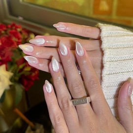 Nude False Nails Glitter, SXVME Cat Eye Press on Nails Short Almond, Sparkly Shiny Fake Nails Natural, Cute Bling Glue on Nails Short Stiletto Stick on Nails for Women Daily Holiday Wear, 30 Pcs