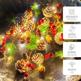 GloBrite Christmas Garland with Lights | Christmas Garland, Fireplace Garland | 2M Christmas Door Garland | 20 LEDs Pre Lit Garland, Xmas Garland, Christmas Fireplace Garland, Christmas Stair Garland