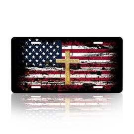 License Plate,American Flag Jesus Cross License Plates Decorative Car Front License Plates,Vanity Tag,Metal Car Plate,Aluminum Novelty License Plate,6 X 12 Inch (4 Holes)