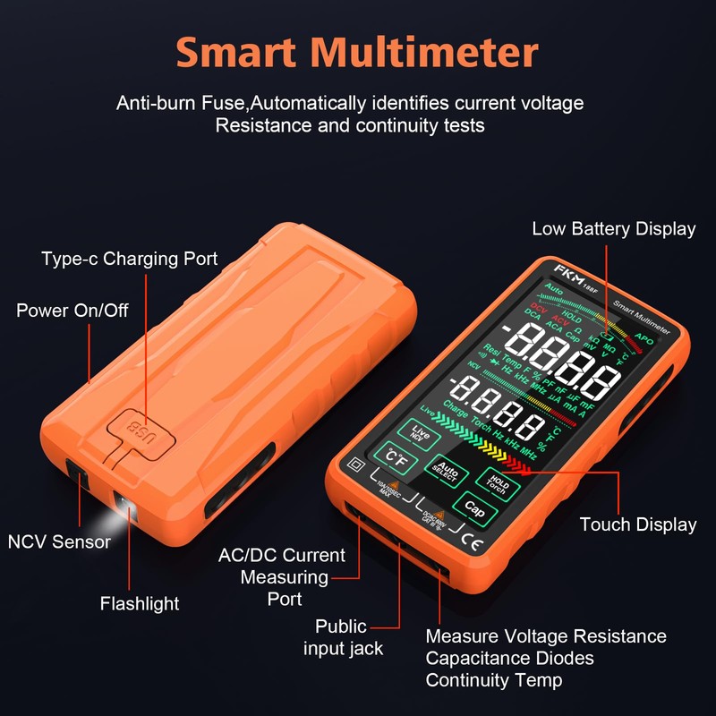 FKM Pro Digital Multimeter Tester,Compact & Rechargeable Voltmeter w/ 5″