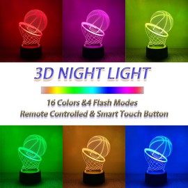 EleBikk Basketball Night Light for Children, Basketball 3D Night Light, 3D Illusion Lamp, 16 Colours Remote Control, Dimmable Vision Night Light, Surprise Gift for Children & Basketball Lovers