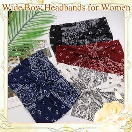 SAWINDA 4 Pcs Wide Headbands for Women Paisley Print Bow Hair Bands Non Slip Rabbit Ears Hair Bandana Exercise Stretchy Head Turban Workout Hair Warps Accessories