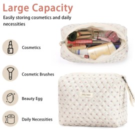 Jolly House Quilted Makeup Bag IVORY DOT MICRO FLORAL ZIPPER LARGE 10X9 NEW