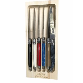 Clermont Coutellerie Laguiole Serrated Edge Sharp Premium Dishwasher Safe Full Tang Stainless Steel 6-Piece Steak Knife Set, Multi-Color Handle