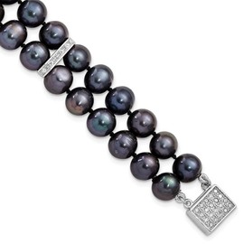 Solid 925 Sterling Silver 7-8mm Black Freshwater Cultured Pearl CZ Cubic Zirconia 2-strand Bracelet 7.5"