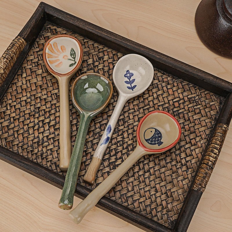 JANKOW 4 Pack Japanese Ceramic Soup Spoons, Long Handle Japanese