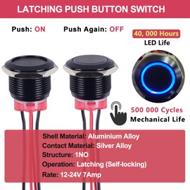 DMWD 2Pcs 19mm Metal Latching Push Button Switch Waterproof 7Amp 12V-24V ON-Off 1NO Black Shell with Cable for 3/4" Mounting Hole (Self-Locking Blue LED)