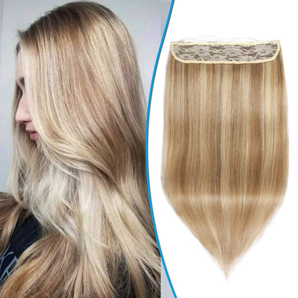 Silk-co Real Hair Extensions with Transparent Cord, Wire-In Extensions Golden Brown Highlights Bleach Blonde 90 g, Secrets Hair Extensions, Hair Extensions for Women, 40 cm, #12P613
