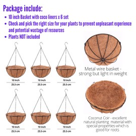 LaLaGreen Hanging Baskets for Plants (6 Pack, 10 Inch) Hanging Planter Outdoor with Coco Liner, Metal Wire Flower Basket Pots Holder Hanger Hook Deck Patio Porch Garden Balcony Outside Decoration