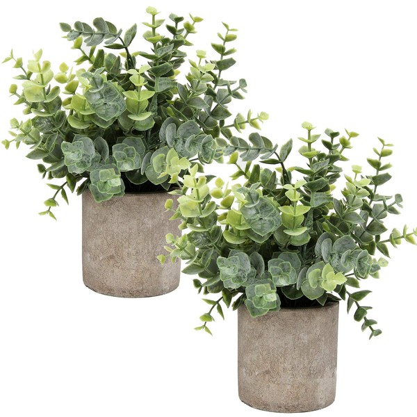 Flojery Mini Potted Plants Artificial Eucalyptus Boxwood Rosemary Faux Herbs Small House Plants 8.3"-9" Tall for Indoor Greenery Tabletop Décor Centerpiece (Sprayed Eucalyptus)