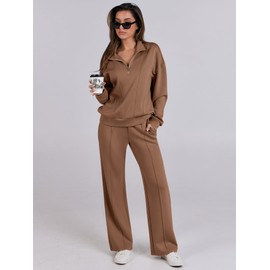 Caracilia 2 Piece Outfits for Women Fall Sweatsuits Oversized Half Zip Sweatshirt Sweatpant Matching Lounge Sets Tracksuit Brown L