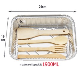 Wuhonghao Aluminium Trays with Lids 20 Pieces, 26 x 19 x 6 cm Grill Trays Aluminium Disposable 1900 ml Grill Aluminium Drip Trays Large, Disposable Bowls for Gas Grill and Travel Cutlery Bamboo Set of