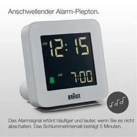 Braun Digital Alarm Clock with Snooze, Negative LCD Display, Quick Set, Crescendo Beep Alarm in Grey, model BC09G.
