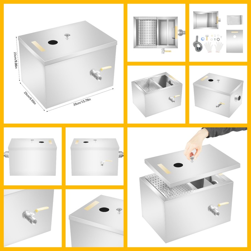 Grease Trap Interceptor, 18-20L Compact Stainless Steel Grease Trap, 4-Stage