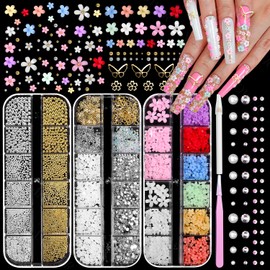 3D Nail Charms, 3D Flower for Nails, Colorful Flowers Blossom Beads Gold Silver Caviar Nails Beads, Half Round Pearl and Flatback Glass AB&Clear Crystal Gems for Nail Art Y2K Decor