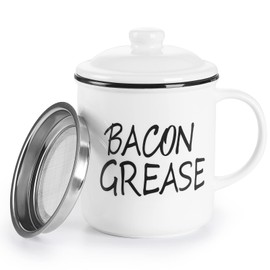 Ceramic Bacon Grease Container Keeper with Strainer (White)
