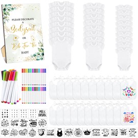 Panitay 100 Pcs Baby Bib Bodysuit Baby Shower Set Baby Shower Game Sign Baby Feeder Bib Newborn Bodysuit Fabric Marker(Greenery)