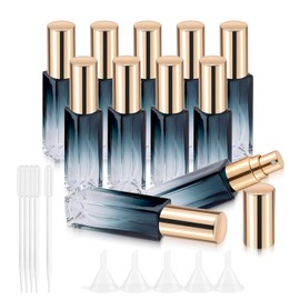 Kesell 10ml Spray Bottle 11 Pcs Mini Glass Perfume Bottle Refillable Perfume Atomizer Travel Size Square Empty Bottle with 5pcs Funnel and 5pcs Dropper Fine Mist Liquid Dispenser for Makeup (Gold Cap)