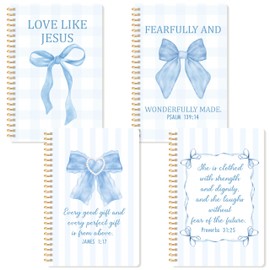 CNhoqc 4pcs Blue Coquette Aesthetic Notebooks, Inspirational Bible Bow Theme Spiral Journal Notebook, Blue Bow Watercolor Aesthetic College Hardcover Spiral Notebooks for School Stationery Supply