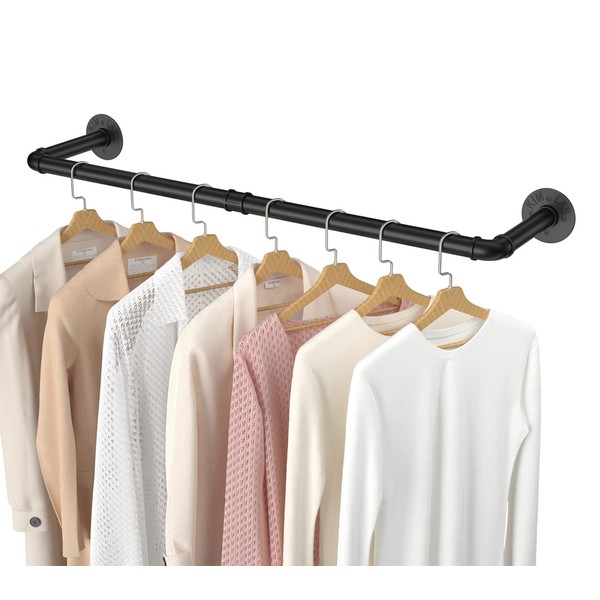 Industrial Pipe Clothes Rack 38.4", Wall Mounted Garment Rack Space-Saving Hanging Clothes Rack Detachable Black Iron Garment, Multi-Purpose Heavy Duty Clothing Hanging Rod for Closet Storage 2 Base