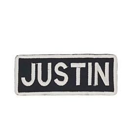 DealzCT Justin White on Black with Border Iron On Sew On Name Tag Small Patch for Jacket Vest