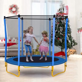 Merax Baby Trampoline Recreational Trampolines 65" Trampoline for Kids 5.5 FT Indoor & Outdoor Small Toddler Trampoline with Enclosure, Basketball Hoop and Ball, Gifts for Boys & Girls, Blue