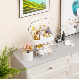 Yieach Countertop Makeup Organizer With Drawers,Large Capacity Skincare Organizer With a Makeup Brush Holder,Cosmetic Display Cases with Clear Cover for Bathroom,Vanity Beauty Product Organizers,White