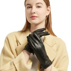 Leather Gloves Women - NOVBJECT Winter Full-Hand Touch Screen Warm Driving Gloves Lambskin Cashmere lined Black, M